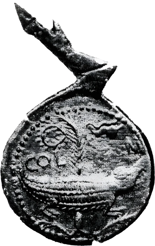 Antica moneta raffigurante un prosciutto con zampa flessa